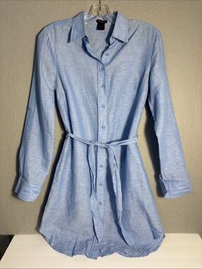 Ann Taylor Light Blue Long-Sleeve Linen Blend Shirt Dress with Waist Tie